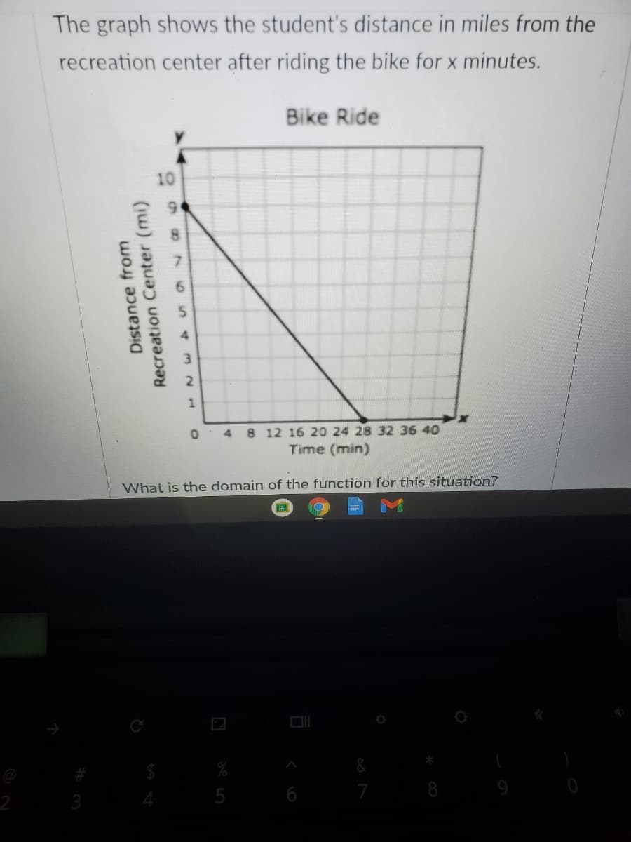 The graph shows the student's distance in miles from the
recreation center after riding the bike for x minutes.
Bike Ride
8.
0 48 12 16 20 24 28 32 36 40
Time (min)
What is the domain of the function for this situation?
7
Distance from
Recreation Center (mi)
O9a 70 4m2
