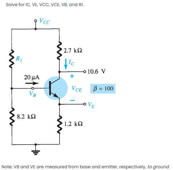 Solve for IC, VE, VCC, VCE, VB, and RI.
Vcc
2.7 k2
R1
Ic
o 10.6 V
20μΑ
VCE
B = 100
VB
8.2 k2
1.2 k2
Note: VB and VE are measured from base and emitter, respectively, to ground.
