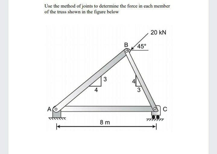 Use the method of joints to determine the force in each member
of the truss shown in the figure below
20 kN
B
45°
3
4
3
A
8 m
