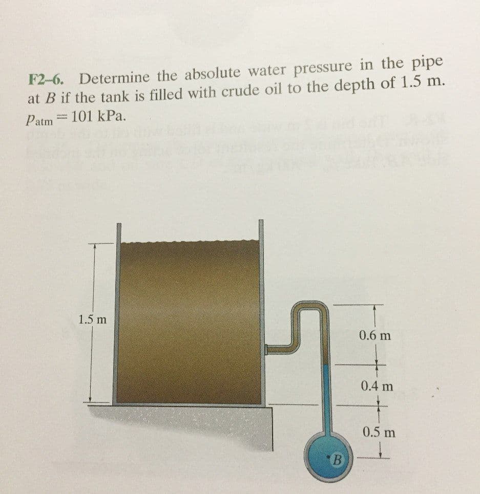 F2-6. Determine the absolute water pressure in the pipe
at B if the tank is filled with crude oil to the depth of 1.5 m.
Patm = 101 kPa.
1.5 m
0.6 m
0.4 m
0.5 m
