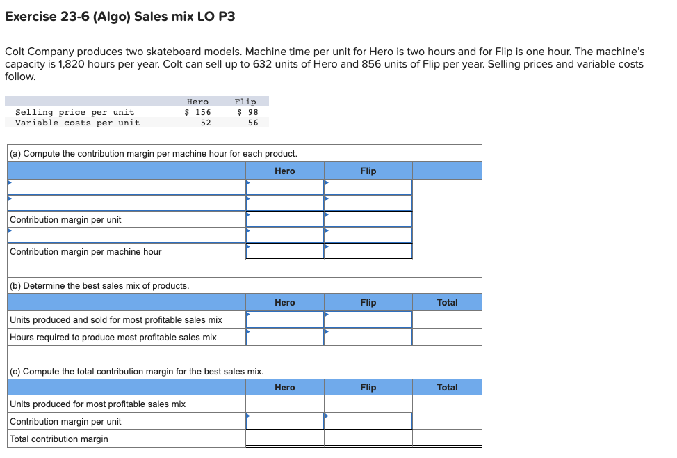 Exercise 23-6 (Algo) Sales mix LO P3
Colt Company produces two skateboard models. Machine time per unit for Hero is two hours and for Flip is one hour. The machine's
capacity is 1,820 hours per year. Colt can sell up to 632 units of Hero and 856 units of Flip per year. Selling prices and variable costs
follow.
Selling price per unit
Variable costs per unit
Contribution margin per unit
Hero
$ 156
52
(a) Compute the contribution margin per machine hour for each product.
Hero
Contribution margin per machine hour
(b) Determine the best sales mix of products.
Units produced and sold for most profitable sales mix
Hours required to produce most profitable sales mix
Flip
$98
56
(c) Compute the total contribution margin for the best sales mix.
Units produced for most profitable sales mix
Contribution margin per unit
Total contribution margin
Hero
Hero
Flip
Flip
Flip
Total
Total