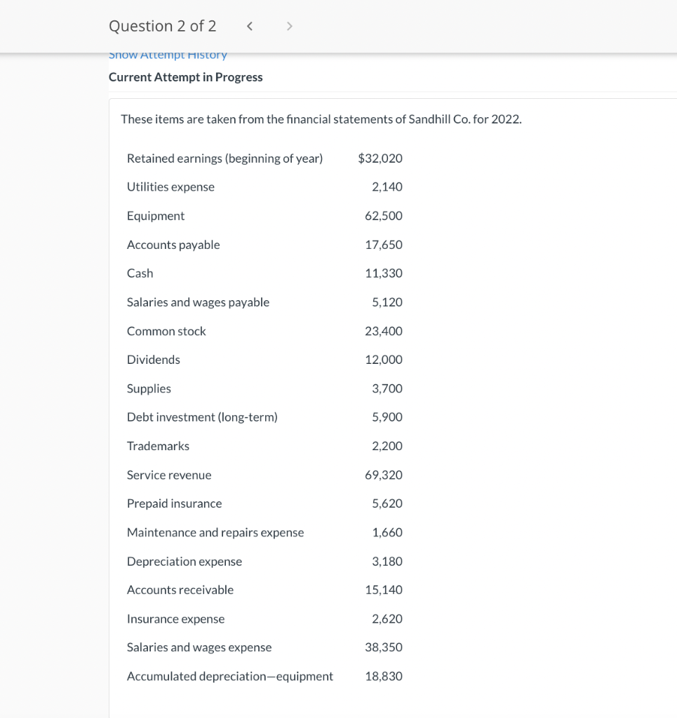 Question 2 of 2
Snow Attempt History
Current Attempt in Progress
These items are taken from the financial statements of Sandhill Co. for 2022.
Retained earnings (beginning of year)
Utilities expense
Equipment
Accounts payable
Cash
Salaries and wages payable
Common stock
Dividends
Supplies
Debt investment (long-term)
Trademarks
Service revenue
Prepaid insurance
Maintenance and repairs expense
Depreciation expense
Accounts receivable
Insurance expense
Salaries and wages expense
Accumulated depreciation-equipment
$32,020
2,140
62,500
17,650
11,330
5,120
23,400
12,000
3,700
5,900
2,200
69,320
5,620
1,660
3,180
15,140
2,620
38,350
18,830