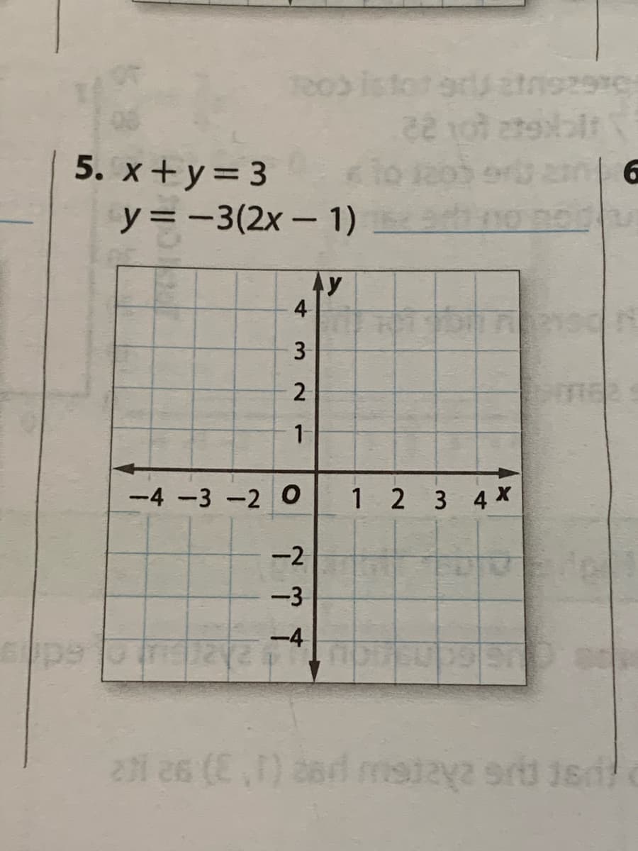 Teo) is
2970
22 101
5. x+y= 3
y = -3(2x- 1)
|
4
3
-4 -3-2 O
1 2 3 4X
-2
-3
-4
231 26 (,)
2.
