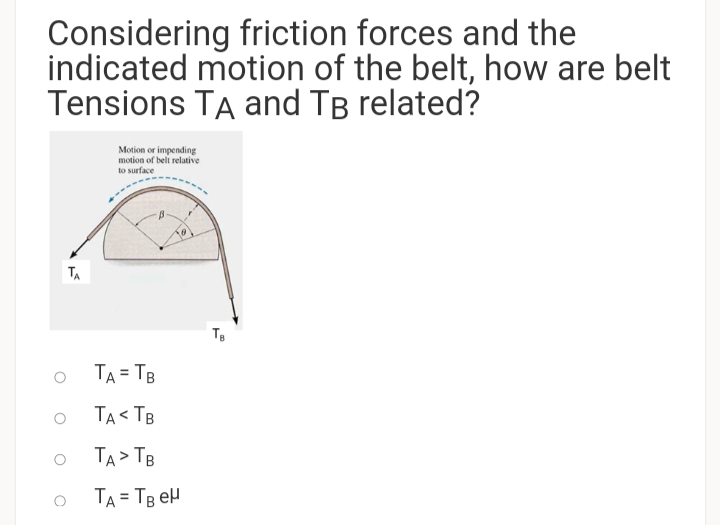 Considering friction forces and the
indicated motion of the belt, how are belt
Tensions TA and TB related?
Motion or impending
motion of belt relative
to surface
TA
TA = TB
TA< TB
TA> TB
TA = TB eH
%3D
