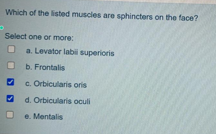 Which of the listed muscles are sphincters on the face?
Select one or more:
a. Levator labii superioris
b. Frontalis
c. Orbicularis oris
d. Orbicularis oculi
e. Mentalis
