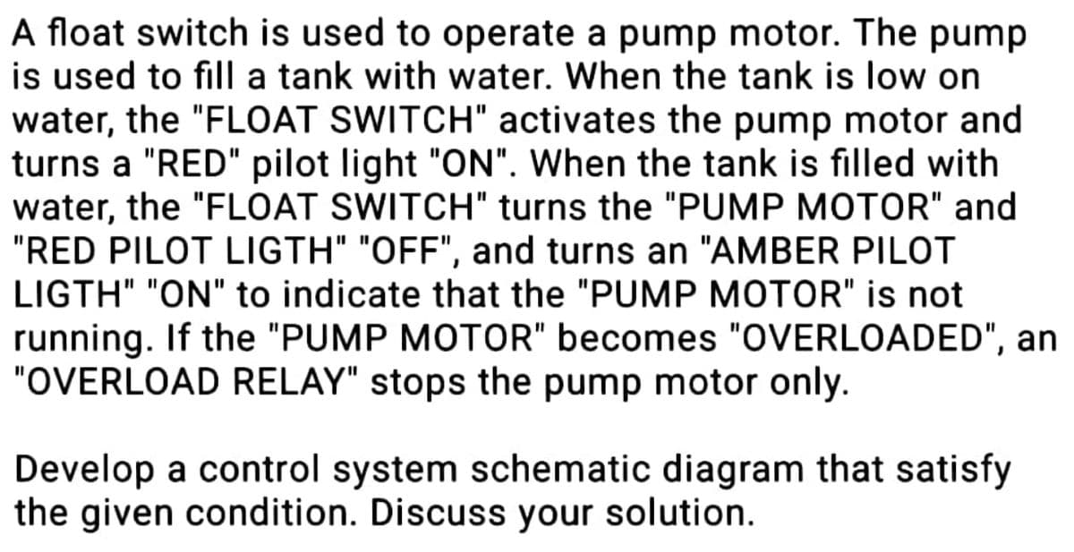 A float switch is used to operate a pump motor. The pump
is used to fill a tank with water. When the tank is low on
water, the "FLOAT SWITCH" activates the pump motor and
turns a "RED" pilot light "ON". When the tank is filled with
water, the "FLOAT SWITCH" turns the "PUMP MOTOR" and
"RED PILOT LIGTH" "OFF", and turns an "AMBER PILOT
LIGTH" "ON" to indicate that the "PUMP MOTOR" is not
running. If the "PUMP MOTOR" becomes "OVERLOADED", an
"OVERLOAD RELAY" stops the pump motor only.
Develop a control system schematic diagram that satisfy
the given condition. Discuss your solution.