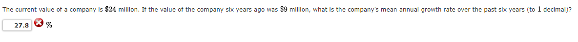 The current value of a company is $24 million. If the value of the company six years ago was $9 million, what is the company's mean annual growth rate over the past six years (to 1 decimal)?
%
27.8