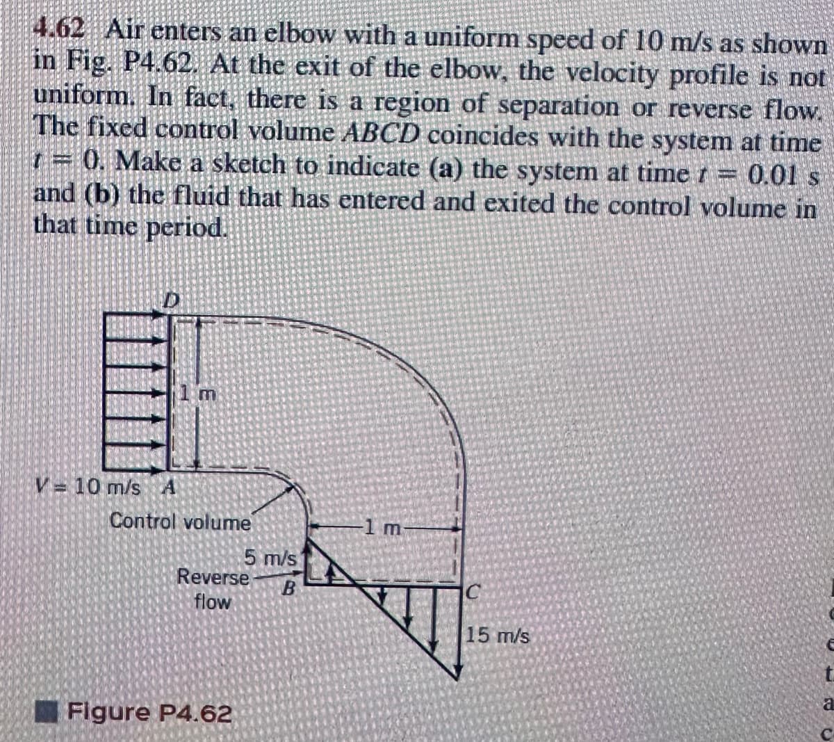 4.62 Air enters an elbow with a uniform speed of 10 m/s as shown
in Fig. P4.62. At the exit of the elbow, the velocity profile is not
uniform. In fact, there is a region of separation or reverse flow.
The fixed control volume ABCD coincides with the system at time
10. Make a sketch to indicate (a) the system at time t
0.01 s
and (b) the fluid that has entered and exited the control volume in
that time period.
V = 10 m/s
Control volume
5 m/s
B
Reverse
flow
Figure P4.62
15 m/s
a