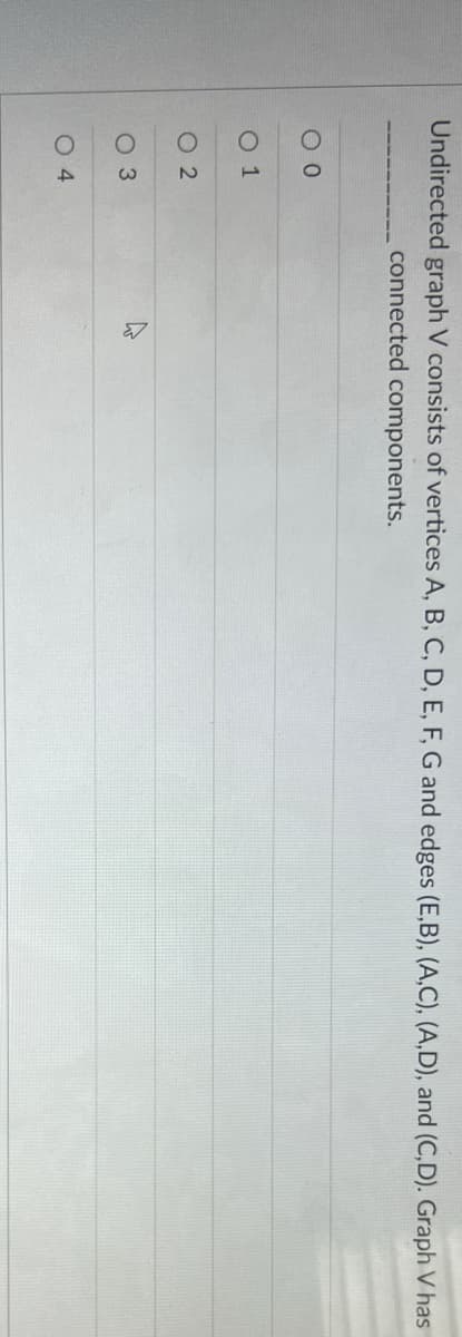 Undirected graph V consists of vertices A, B, C, D, E, F, G and edges (E,B), (A,C), (A,D), and (C,D). Graph V has
connected components.
00
0 1
02
O 3
04