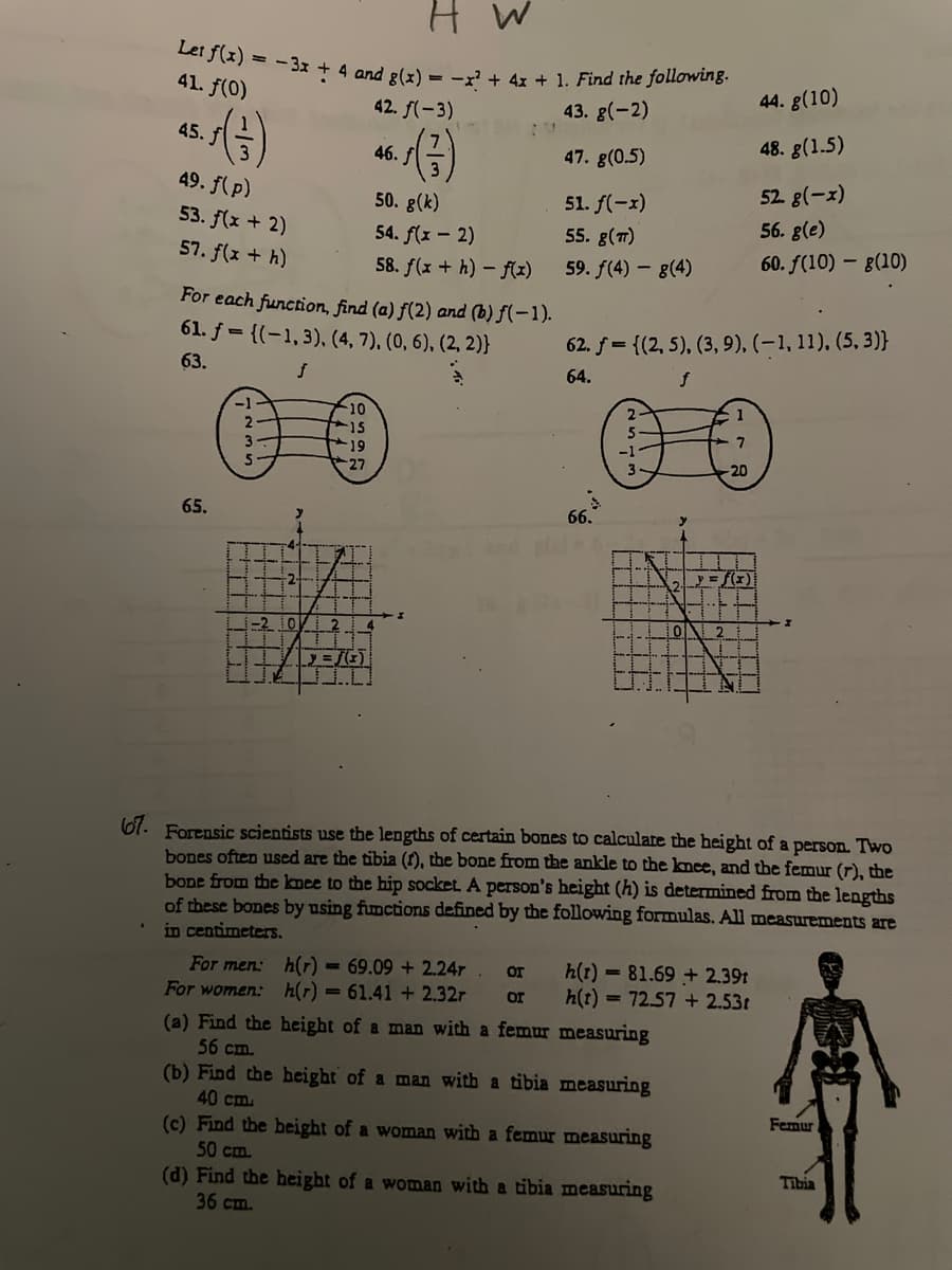 H W
Let f(x)=-3x + 4 and g(x) = x² + 4x + 1. Find the following.
42. f(-3)
43. g(-2)
46. f
50. g(k)
54. f(x - 2)
58. f(x+h)-f(x)
41. f(0)
45.
(+)
49. f(p)
53. f(x + 2)
57. f(x + h)
For each function, find (a) f(2) and (b) f(-1).
61. f = {(1, 3), (4,7), (0, 6), (2, 2))
63.
f
65.
S
-2-
-2 0
10
15
19
27
ƒ(1)
47. g(0.5)
51. f(-x)
55. 8(T)
59. f(4) - g(4)
62. f = {(2, 5), (3, 9), (-1, 11), (5,3)}
64.
f
66.
2
-1
3.
(b) Find the height of a man with a tibia measuring
40 cm
-20
(c) Find the height of a woman with a femur measuring
50 cm.
y = f(x)
XU
2
0 2
67. Forensic scientists use the lengths of certain bones to calculate the height of a person. Two
bones often used are the tibia (f), the bone from the ankle to the knee, and the femur (r), the
bone from the knee to the hip socket. A person's height (h) is determined from the lengths
of these bones by using functions defined by the following formulas. All measurements are
in centimeters.
Or
For men: h(r) = 69.09 + 2.24r ог h(t)= 81.69+2.39t
For women: h(r) = 61.41 + 2.32r
h(t) 72.57 +2.53t
(a) Find the height of a man with a femur measuring
56 cm.
(d) Find the height of a woman with a tibia measuring
36 cm.
N
44. g(10)
48. g(1.5)
52. g(-x)
56. g(e)
60. f(10) - g(10)
Femur
Tibia