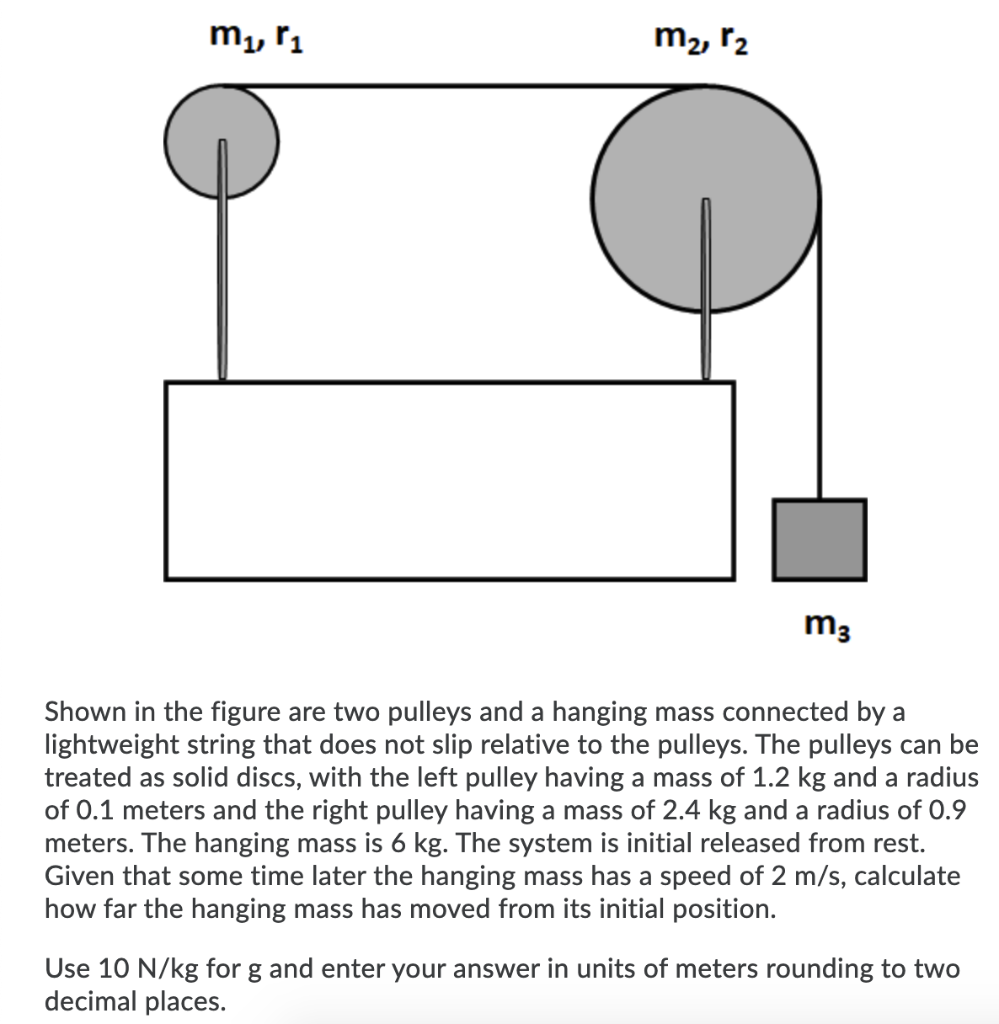 m1, ľ1
m2, r2
m3
Shown in the figure are two pulleys and a hanging mass connected by a
lightweight string that does not slip relative to the pulleys. The pulleys can be
treated as solid discs, with the left pulley having a mass of 1.2 kg and a radius
of 0.1 meters and the right pulley having a mass of 2.4 kg and a radius of 0.9
meters. The hanging mass is 6 kg. The system is initial released from rest.
Given that some time later the hanging mass has a speed of 2 m/s, calculate
how far the hanging mass has moved from its initial position.
Use 10 N/kg for g and enter your answer in units of meters rounding to two
decimal places.
