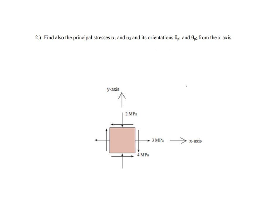 2.) Find also the principal stresses oi and oz and its orientations 0p1 and 0p2 from the x-axis.
y-axis
2 MPa
3 MPa
х-аxis
4 MPa
