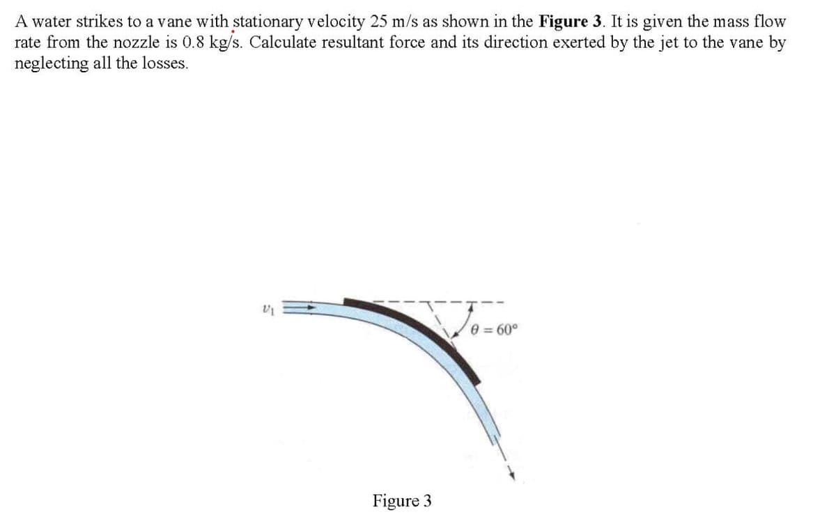 A water strikes to a vane with stationary velocity 25 m/s as shown in the Figure 3. It is given the mass flow
rate from the nozzle is 0.8 kg/s. Calculate resultant force and its direction exerted by the jet to the vane by
neglecting all the losses.
e= 60°
Figure 3
