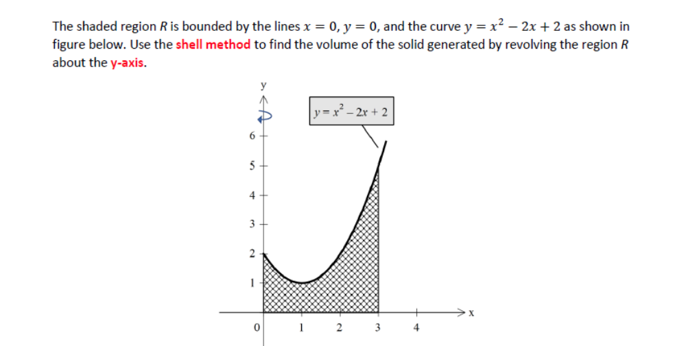 The shaded region R is bounded by the lines x = 0, y = 0, and the curve y = x² – 2x + 2 as shown in
figure below. Use the shell method to find the volume of the solid generated by revolving the region R
about the y-axis.
y = x² – 2x + 2
6
5
4
3
2
1
3
4
