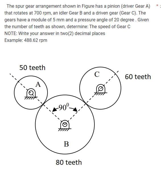 The spur gear arrangement shown in Figure has a pinion (driver Gear A)
that rotates at 700 rpm, an idler Gear B and a driven gear (Gear C). The
gears have a module of 5 mm and a pressure angle of 20 degree. Given
the number of teeth as shown, determine: The speed of Gear C
NOTE: Write your answer in two(2) decimal places
Example: 488.62 rpm
50 teeth
A
-90%
B
80 teeth
C
60 teeth