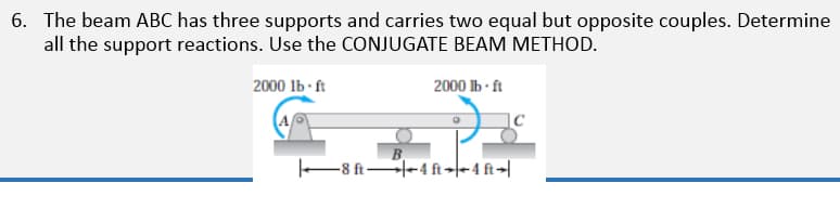 6. The beam ABC has three supports and carries two equal but opposite couples. Determine
all the support reactions. Use the CONJUGATE BEAM METHOD.
2000 lb-ft
2000 lb-ft
A
B
8 ft 4 ft 4 ft
C