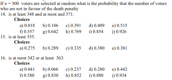 If n = 500 voters are selected at random what is the probability that the number of voters
who are not in favour of the death penalty
14. is at least 348 and at most and 371.
Choices
a) 0.018
b) 0.186
c) 0.391
h) 0.769
d) 0.409
i) 0.854
e) 0.515
f) 0.557
g) 0.642
i) 0.926
15. is at least 355.
Choices
a) 0.275
b) 0.289
c) 0.335
d) 0.380
e) 0.381
16. is at most 342 or at least 363.
Choices
a) 0.041
b) 0.066
c) 0.237
d) 0.280
e) 0.442
f) 0.580
g) 0.830
h) 0.852
i) 0.880
j) 0.934
