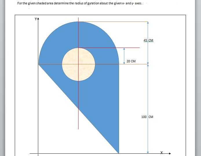 For the given shaded area determine the radius of gyration about the given x- and y- axes..
45 CM
20 CM
100 CM
