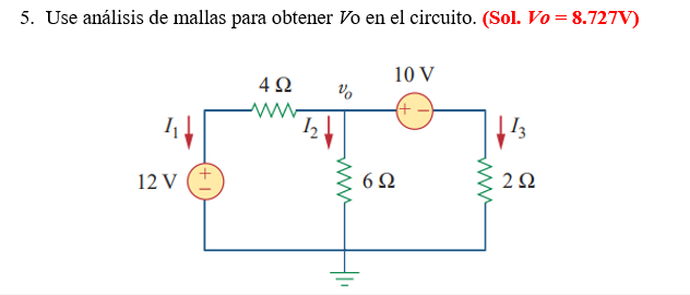 5. Use análisis de mallas para obtener Vo en el circuito. (Sol. Vo = 8.727V)
12 V
4Ω
να
6Ω
10 V
www
13
2 Ω