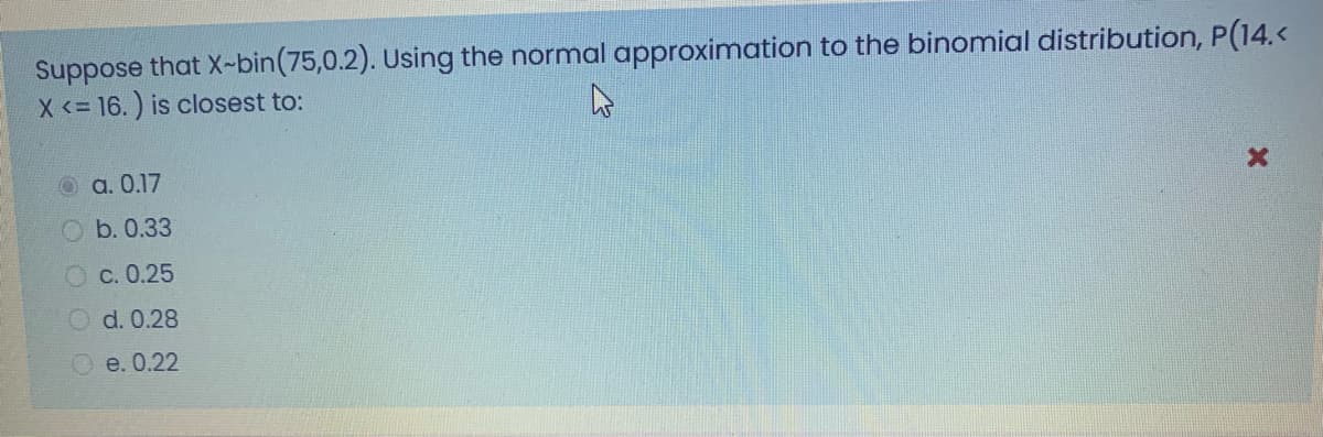 Suppose that X-bin(75,0.2). Using the normal approximation to the binomial distribution, P(14. <
X <= 16.) is closest to:
a. 0.17
b. 0.33
О с. 0.25
d. 0.28
Ое. 0.22
