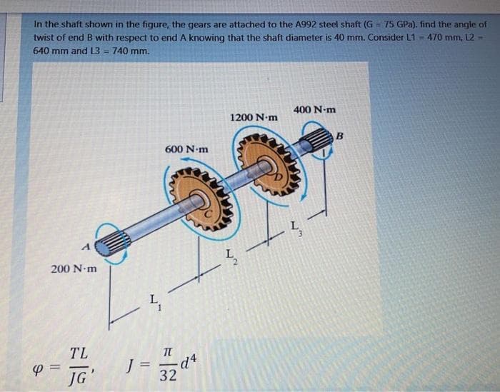 In the shaft shown in the figure, the gears are attached to the A992 steel shaft (G = 75 GPa), find the angle of
twist of end B with respect to end A knowing that the shaft diameter is 40 mm. Consider L1 = 470 mm, L2
%3D
640 mm and L3 = 740 mm.
400 N-m
1200 N-m
B
600 N-m
A
200 N-m
TL
%3D
=
JG
32
