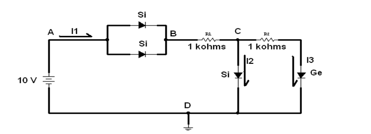 10 V
A
11
の本
Si
B
R1
1 kohms
D
Si
с
R₂
1 kohms
12
13
Ge