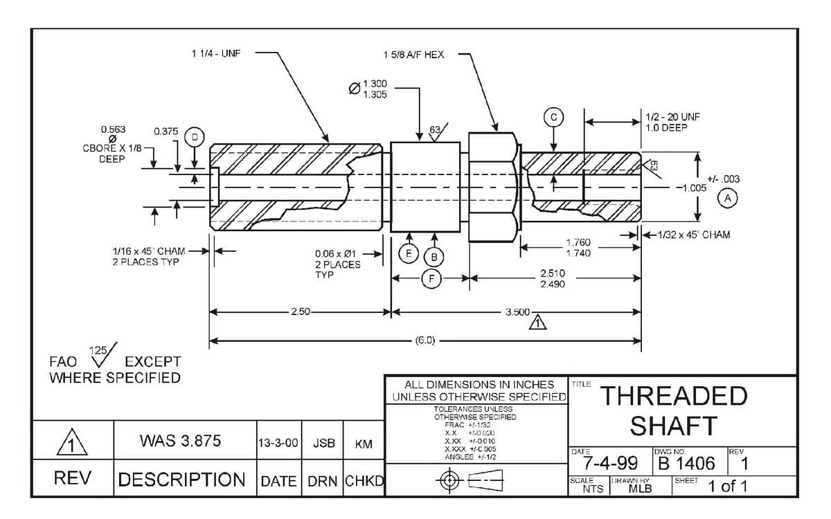 0.563
Ø
CBORE X 1/8
DEEP
0.375
1/16 x 45' CHAM
2 PLACES TYP
125/
FAO
EXCEPT
WHERE SPECIFIED
1 1/4 - UNF
(IIII
2.50-
WAS 3.875
Ø
0.06 x 01
2 PLACES
TYP
13-3-00 JSB
A
REV DESCRIPTION DATE DRN CHKD
1 5/8 A/F HEX
1.300
1.305
KM
B
F
(6.0)
3.500
2.510
2.490
ALL DIMENSIONS IN INCHES
UNLESS OTHERWISE SPECIFIED
TOLERANCES UNLESS
OTHERWISE SPECIFIED
FRAC +/-1/32
X.X +40 020
+/-0.010
XXX
XXXX +/-0.005
ANGLES +/-1/2
1.760
1.740
TITLE
DATE
7-4-99
SCALE
1/2 - 20 UNF
1.0 DEEP
DRAWN BY
NTS MLB
-1.005
+/- .003
A
THREADED
SHAFT
-1/32 x 45 CHAM
DWG NO.
B 1406
SHEET
REV
1
1 of 1