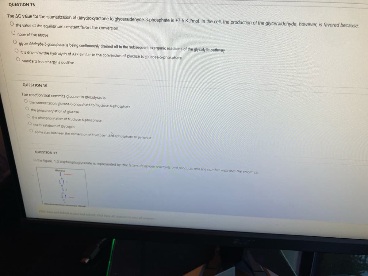 QUESTION 15
The AG value for the isomerization of dihydroxyactone to glyceraldehyde-3-phosphate is +7.5 KJ/mol. In the cell, the production of the glyceraldehyde, however, is favored because:
O the value of the equilibrium constant favors the conversion
none of the above
glyceraldehyde-3-phosphate is being continuously drained off in the subsequent exergonic reactions of the glycolytic pathway
it is driven by the hydrolysis of ATP similar to the conversion of glucose to glucose-6-phosphate
O standard free energy is positive
QUESTION 16
The reaction that commits glucose to glycolysis is
the isomerization glucose-6-phosphate to fructose-6-phosphate
O the phosphorylation of glucose
O the phosphorylation of fructose-6-phosphate
O the breakdown of glycogen
O some step between the conversion of fructose-1,6sphosphate to pyruvate
QUESTION 17
In the figure, 1,3 bisphosphoglycerate is represented by (the letters designate reactants and products and the number indicates the enzymes)
Glucese
te i A
Cl Se nd Sub to and ubmi C Seve All Aners to all anncens
