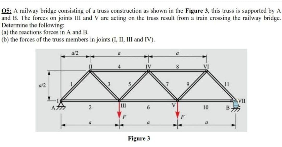 05: A railway bridge consisting of a truss construction as shown in the Figure 3, this truss is supported by A
and B. The forces on joints III and V are acting on the truss result from a train crossing the railway bridge.
Determine the following:
(a) the reactions forces in A and B.
(b) the forces of the truss members in joints (I, II, III and IV).
a/2
a
a
IV
8.
VI
a/2
11
VII
III
6.
10
F
a
a
a
Figure 3
