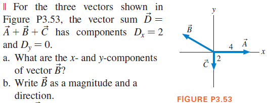 || For the three vectors shown in
Figure P3.53, the vector sum D =
Ả + B + Č has components Dx = 2
and D, =0.
a. What are the x- and y-components
of vector B?
b. Write B as a magnitude and a
2
direction.
FIGURE P3.53
