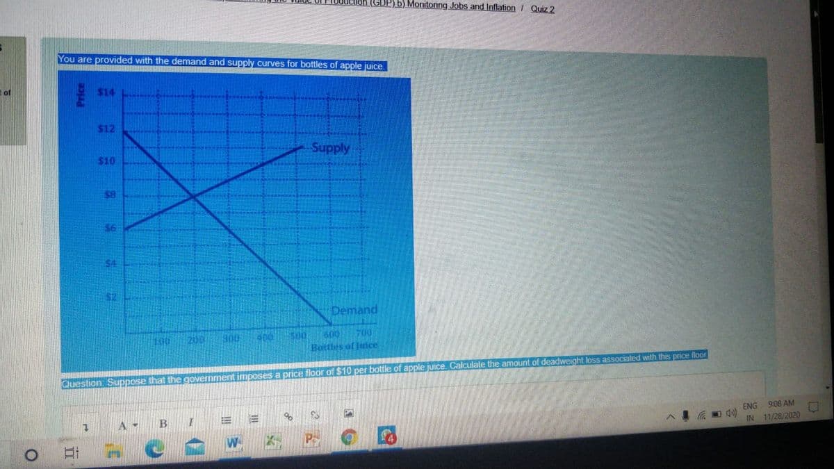 duction (GDP) b) Monitoring Jobs and Inflation / Quiz 2
You are provided with the demand and supply curves for bottles of apple juice.
t of
$14
$12
$10
Ajddns
$8
$6
$2
Demand
s00
Bottles of ice
200
B00
500
700
Question Suppose that the government imposes a price floor of $10 per bottle of apple juice. Calculate the amount of deadweight loss associated with this price floor
O d) ENG 9:08 AM
IN 11/28/2020
B
W
Price
