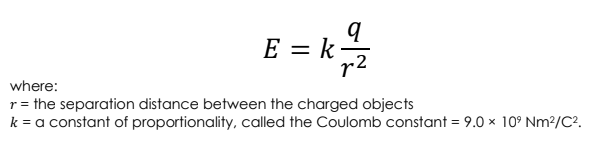 E = k-
where:
r= the separation distance between the charged objects
k = a constant of proportionality, called the Coulomb constant = 9.0 × 10° Nm?/C?.
