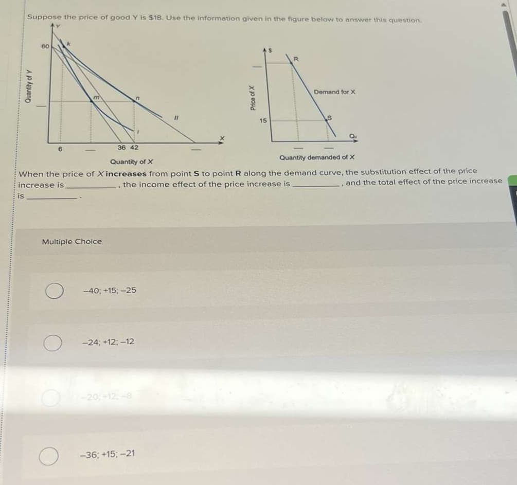 Suppose the price of good Y is $18. Use the information given in the figure below to answer this question.
is
Quantity of Y
6
Multiple Choice
36 42
n
-40; +15; -25
-24; +12; -12
-20;-12-8
-36; +15; -21
11
Quantity of X
Quantity demanded of X
When the price of Xincreases from point S to point R along the demand curve, the substitution effect of the price
increase is
the income effect of the price increase is
.. and the total effect of the price increase
Price of X
15
R
Demand for X
S