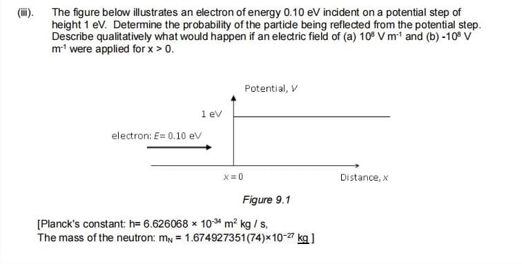 The figure below illustrates an electron of energy 0.10 eV incident on a potential step of
height 1 eV. Determine the probability of the particle being reflected from the potential step.
Describe qualitatively what would happen if an electric field of (a) 108 V m1 and (b) -108 V
m1 were applied for x > 0.
(ii).
Potential, V
1 ev
electron: E= 0.10 ev
x = 0
Distance, x
Figure 9.1
[Planck's constant: h= 6.626068 x 10-34 m? kg / s,
The mass of the neutron: mN = 1.674927351 (74)x10-27 kg ]
