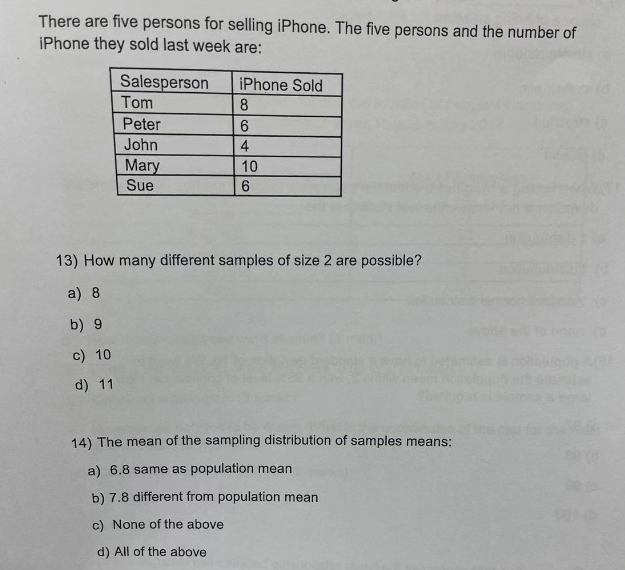 There are five persons for selling iPhone. The five persons and the number of
iPhone they sold last week are:
Salesperson
Tom
Peter
John
Mary
Sue
iPhone Sold
8
6
4
10
6
13) How many different samples of size 2 are possible?
a) 8
b) 9
c) 10
d) 11
14) The mean of the sampling distribution of samples means:
a) 6.8 same as population mean
b) 7.8 different from population mean
c) None of the above
d) All of the above