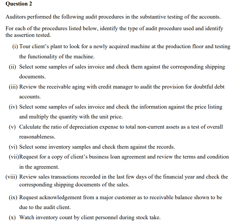 Question 2
Auditors performed the following audit procedures in the substantive testing of the accounts.
For each of the procedures listed below, identify the type of audit procedure used and identify
the assertion tested.
(i) Tour client's plant to look for a newly acquired machine at the production floor and testing
the functionality of the machine.
(ii) Select some samples of sales invoice and check them against the corresponding shipping
documents.
(iii) Review the receivable aging with credit manager to audit the provision for doubtful debt
accounts.
(iv) Select some samples of sales invoice and check the information against the price listing
and multiply the quantity with the unit price.
(v) Calculate the ratio of depreciation expense to total non-current assets as a test of overall
reasonableness.
(vi) Select some inventory samples and check them against the records.
(vii) Request for a copy of client's business loan agreement and review the terms and condition
in the agreement.
(viii) Review sales transactions recorded in the last few days of the financial year and check the
corresponding shipping documents of the sales.
(ix) Request acknowledgement from a major customer as to receivable balance shown to be
due to the audit client.
(x) Watch inventory count by client personnel during stock take.