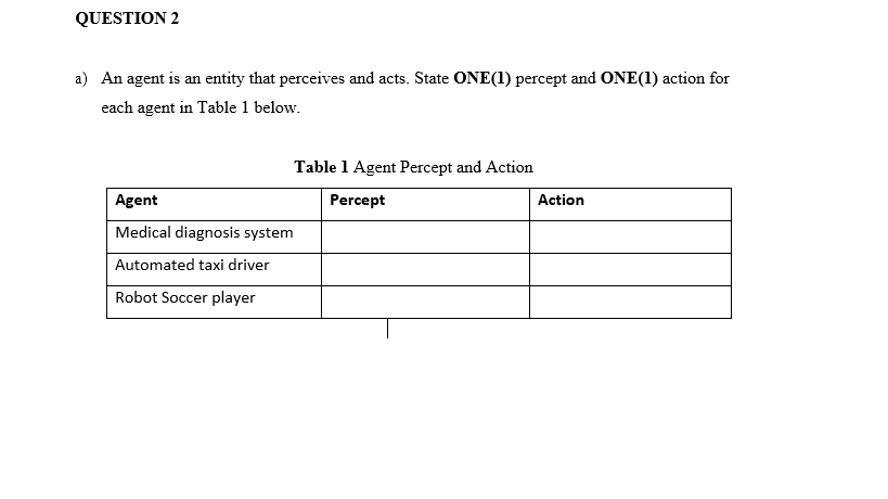 QUESTION 2
a) An agent is an entity that perceives and acts. State ONE(1) percept and ONE(1) action for
each agent in Table 1 below.
Table 1 Agent Percept and Action
Agent
Percept
Action
Medical diagnosis system
Automated taxi driver
Robot Soccer player
