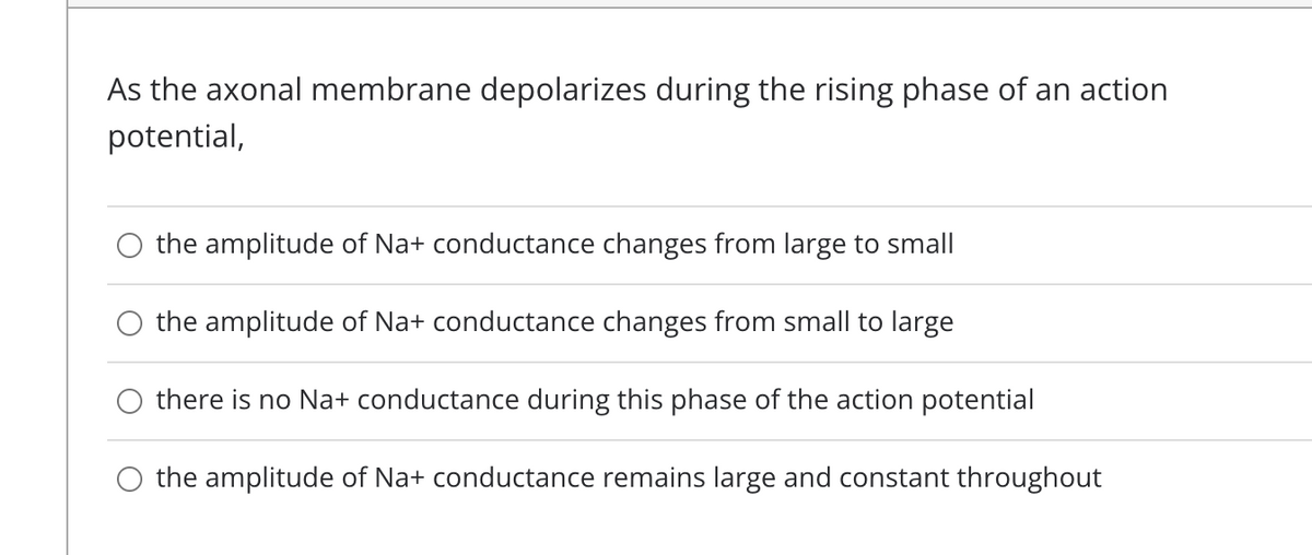As the axonal membrane depolarizes during the rising phase of an action
potential,
the amplitude of Na+ conductance changes from large to small
the amplitude of Na+ conductance changes from small to large
there is no Na+ conductance during this phase of the action potential
the amplitude of Na+ conductance remains large and constant throughout