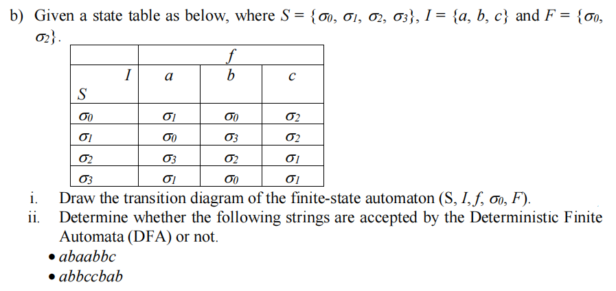 b) Given a state table as below, where S = {o0, 01, 02, 03}, I = {a, b, c} and F = {o0,
02}.
%3D
f
b
I
a
S
σι
02
σι
02
02
03
σι
σι
σι
i. Draw the transition diagram of the finite-state automaton (S, I, f, 00, F).
Determine whether the following strings are accepted by the Deterministic Finite
Automata (DFA) or not.
• abaabbc
• abbccbab
