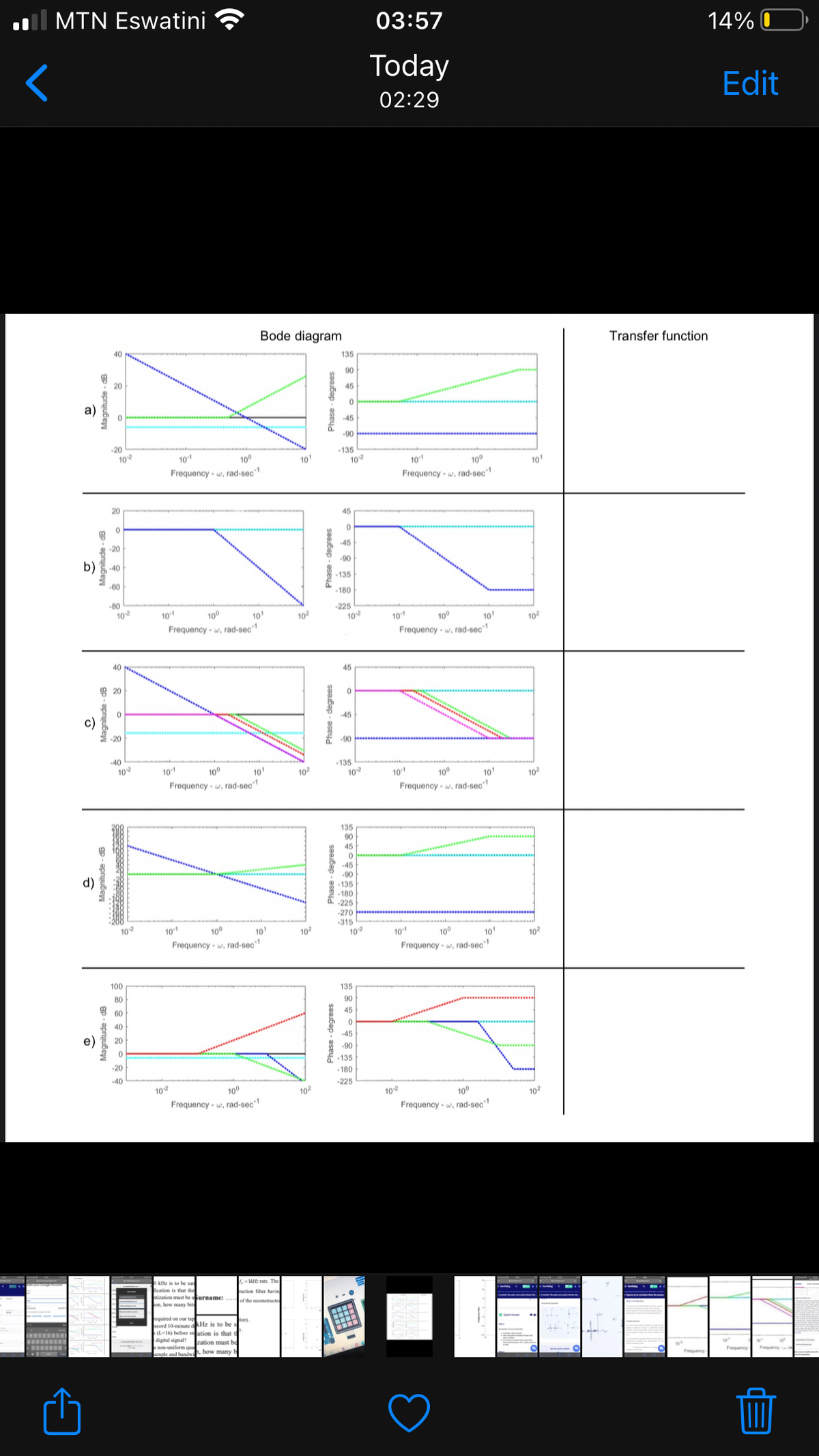 Il MTN
Eswatini
03:57
14% O
Today
Edit
02:29
Bode diagram
Transfer function
40
135
90
20
45
a)
45
-90
-20
102
135
102
101
100
10
101
10°
Frequency w, rad-sec*'
10
Frequency - w, rad-sec
20
45
-20
45
-90
b)
40
135
-60
-180
-80
10
-225
10
100
10
102
10
Frequency w, rad-sec
10
10°
10
10
-1
Frequency - w. rad-sec'
-1
40
45
9 20
c)
E -20
45
90
40
135
102
10
101
100
102
10
10
10°
10
10
Frequency w, rad-sec*!
Frequency - w, rad-sec*!
135
90
45
45
-90
-135
-180
-225
-270
-315
10
d)
102
10
10
Frequency - w, rad-sec
100
102
101
100
10
102
Frequency - w, rad-sec
100
135
80
90
60
45
40
e)
-45
20
-90
-135
-20
- 180
-40
-225
102
100
102
102
100
102
Frequency - w, rad-sec*1
Frequency - w, rad-sec
AHz is to be san
ication is that the
tization must be urname:
how many bit
f-Wte rate. The
ruction filter havin
of the reconstructe
quired on e
oord 10 minute Hz is to be m.
(L-16) before station is that t
digital signal? ration must be
pouniform qu how many
ample and bandwi
F y
Fequency
Magnitude - dB
gp - apnyubew
Magnitude - dB
Magnitude - dB
gp - apnyubey
Phase - degrees
Phase - degrees
Phase - degrees
Phase - degrees
saaubap - aseud
