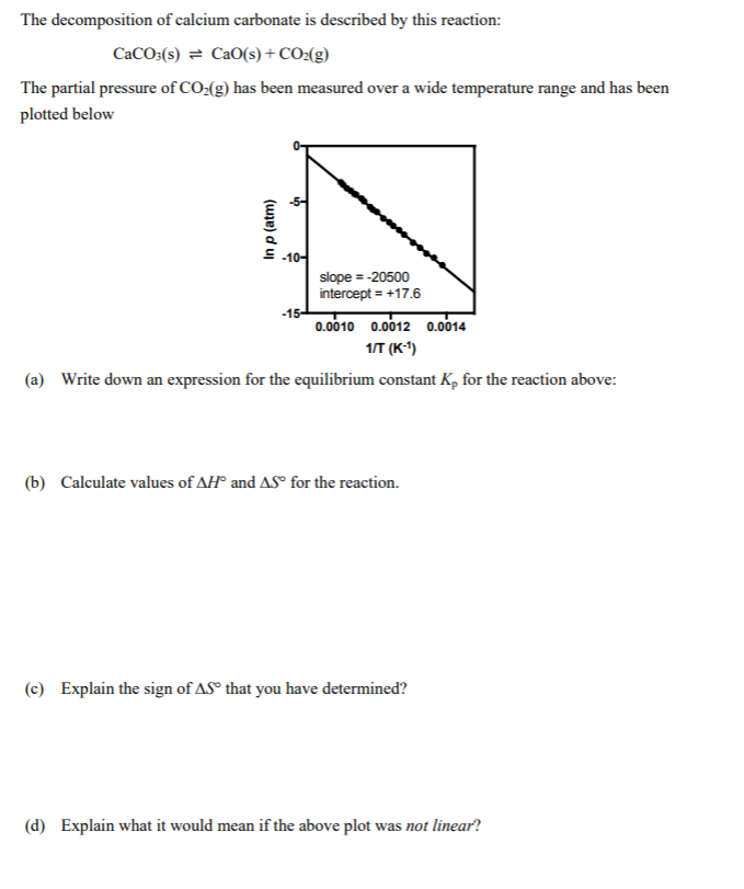 The decomposition of calcium carbonate is described by this reaction:
CACO:(s) = CaO(s) + CO:(g)
The partial pressure of CO:(g) has been measured over a wide temperature range and has been
plotted below
E 10-
slope = -20500
intercept = +17.6
0.0010 0.0012 0.0014
1/T (K)
(a) Write down an expression for the equilibrium constant K, for the reaction above:
(b) Calculate values of AH° and AS° for the reaction.
(c) Explain the sign of AS® that you have determined?
(d) Explain what it would mean if the above plot was not linear?
In p (atm)
