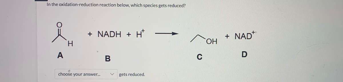 In the oxidation-reduction reaction below, which species gets reduced?
+ NADH + H
+ NAD*
HO.
H.
A
В
C
choose your answer.
gets reduced,
