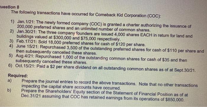 uestion 8
The following transactions have occurred for Comeback Kid Corporation (COC):
1) Jan. 1/21: The newly formed company (COC) is granted a charter authorizing the issuance of
200,000 preferred shares and an unlimited number of common shares.
2) Jan.30/21: The three company founders are issued 4,000 shares EACH in return for land and
buildings valued at $300,000 and $75,000 respectively.
3) Feb.17/21: Sold 18,000 preferred shares for cash of $120 per share.
4) June 15/21: Repurchased 3,500 of the outstanding preferred shares for cash of $110 per share and
then subsequently cancelled these shares.
5) Aug.4/21: Repurchased 1,000 of the outstanding common shares for cash of $35 and then
subsequently cancelled these shares.
6) Oct. 15/21: Paid a $2 per share dividend on all outstanding common shares as of at Sept.30/21.
Required:
a)
Prepare the journal entries to record the above transactions. Note that no other transactions
impacting the capital share accounts have occurred.
Prepare the Shareholders' Equity section of the Statement of Financial Position as of at
Dec.31/21 assuming that COC has retained earnings from its operations of $850,000.
b)
