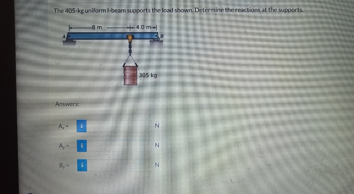 The 405-kg uniform I-beam supports the load shown. Determine the reactions at the supports.
Answers:
Ax=
Ay=
By
i
i
i
-8 m
+4.0 m
305 kg
N
N
N