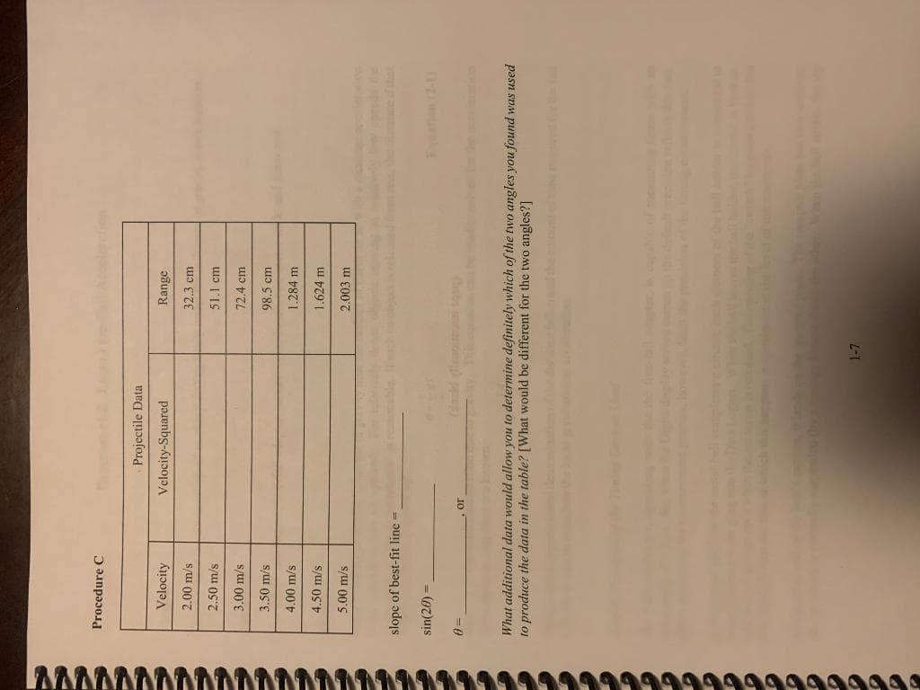 Procedure C
Velocity
2.00 m/s
2.50 m/s
3.00 m/s
3.50 m/s
4.00 m/s
4.50 m/s
5.00 m/s
slope of best-fit line =
sin(20) =
0
or
Projectile Data
Velocity-Squared
Range
32.3 cm
51.1 cm
72.4 cm
98.5 cm
1.284 m
1.624 m
2.003 m
1-7
de the
What additional data would allow you to determine definitely which of the two angles you found was used
to produce the data in the table? [What would be different for the two angles?]