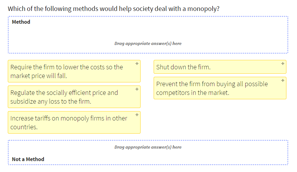 Which of the following methods would help society deal with a monopoly?
Method
Drag appropriate answer(s) here
Require the firm to lower the costs so the
market price will fall.
Regulate the socially efficient price and
subsidize any loss to the firm.
Increase tariffs on monopoly firms in other
countries.
Not a Method
+#
Shut down the firm.
Prevent the firm from buying all possible
competitors in the market.
Drag appropriate answer(s) here
+