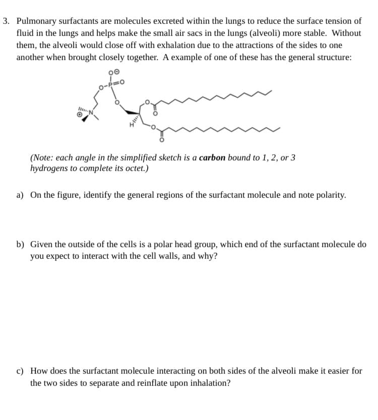 3. Pulmonary surfactants are molecules excreted within the lungs to reduce the surface tension of
fluid in the lungs and helps make the small air sacs in the lungs (alveoli) more stable. Without
them, the alveoli would close off with exhalation due to the attractions of the sides to one
another when brought closely together. A example of one of these has the general structure:
O-PD
