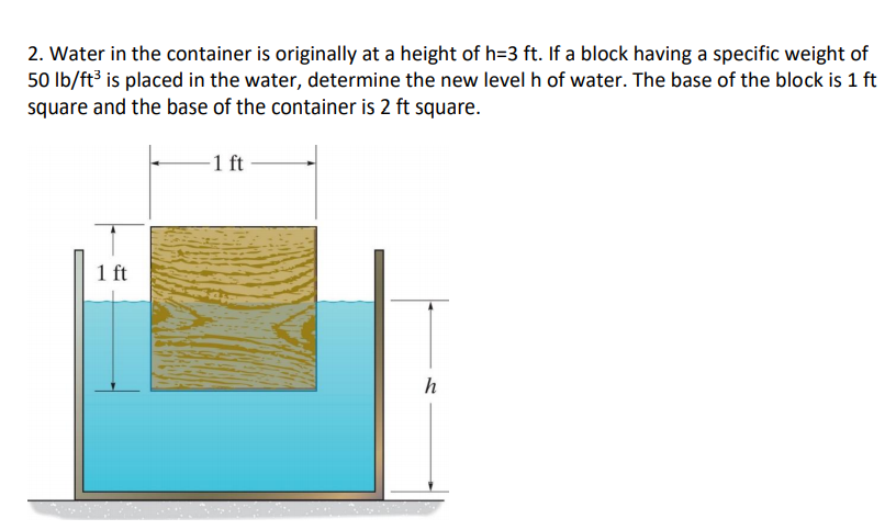 2. Water in the container is originally at a height of h=3 ft. If a block having a specific weight of
50 lb/ft³ is placed in the water, determine the new level h of water. The base of the block is 1 ft
square and the base of the container is 2 ft square.
-1 ft
1 ft
h