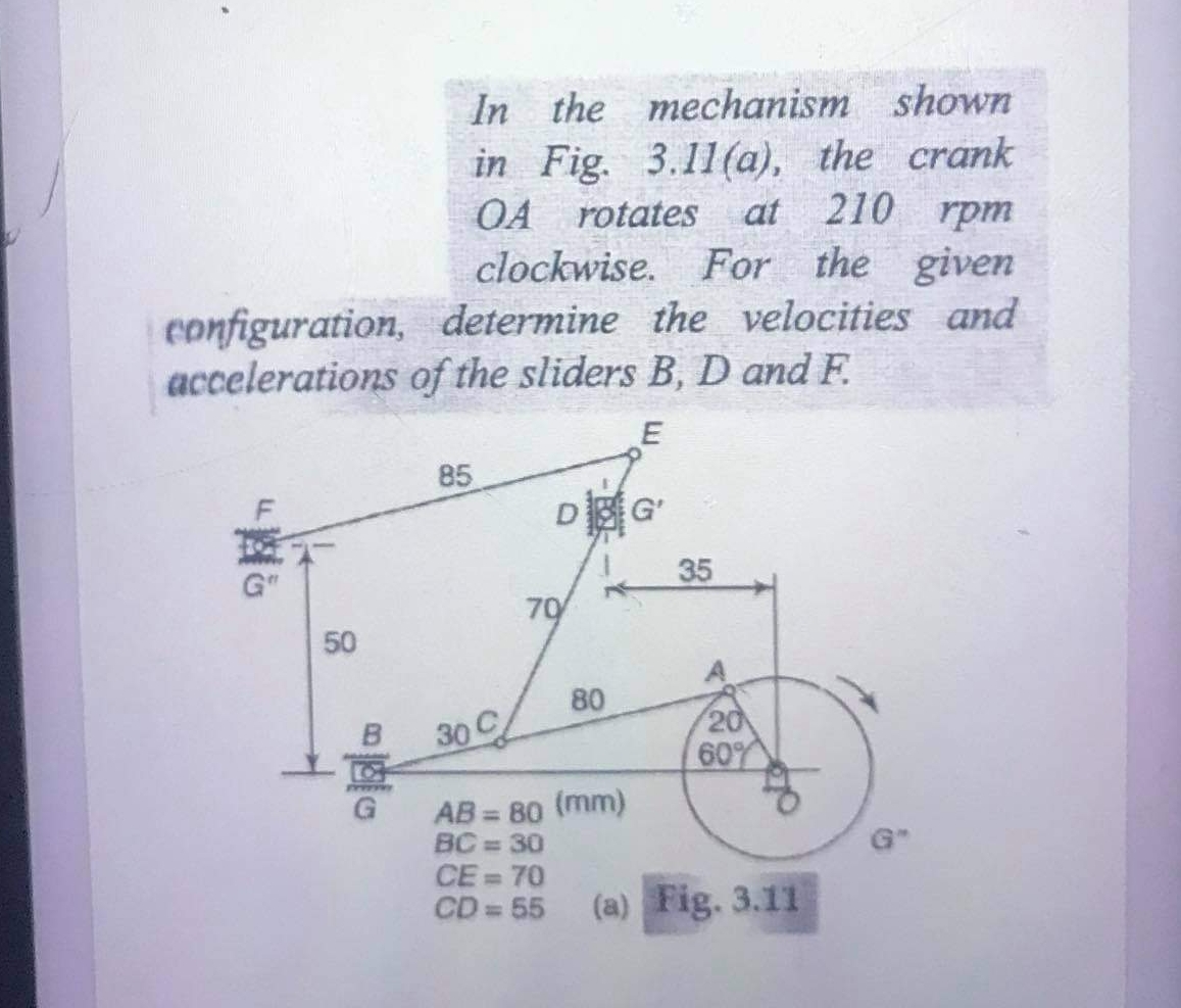 In the mechanism shown
in Fig. 3.11(a), the crank
at 210 rpm
clockwise. For the given
configuration, determine the velocities and
OA rotates
accelerations of the sliders B, D and F.
85
G"
35
70
50
80
30C
20
60%
AB 80 (mm)
BC 30
CE = 70
CD 55
(a) Fig. 3.11
