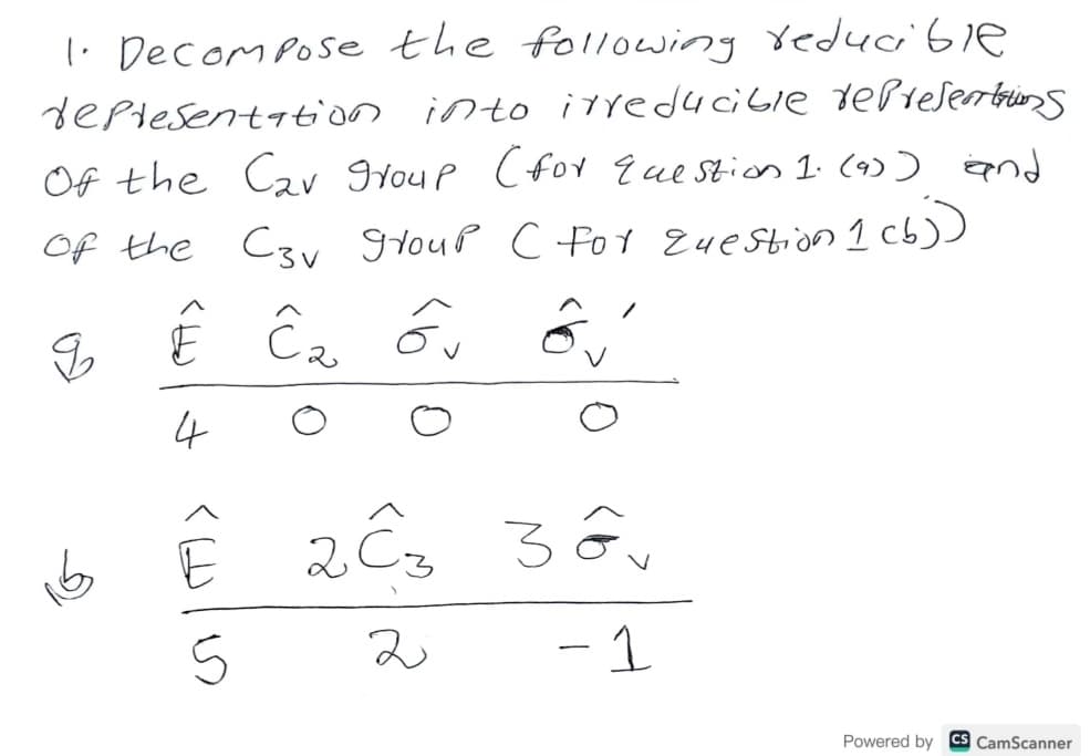 1. Decompose the following reducible
representation into irreducible representins
Of the Cav group (for question 1. (9)) and
of the C3v group C for question 1 cb))
Ê Ĉ ₂ Ev Ev
4
E
12/1
5
2
2 ĉ 3 3 G v
تم
-1
Powered by CS CamScanner